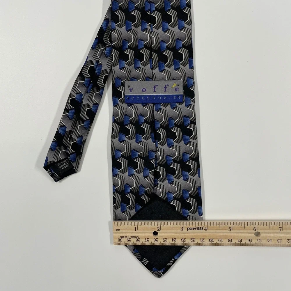 Roffe Blue Grey Geometric 3D Pattern Silk Necktie Mens One Size